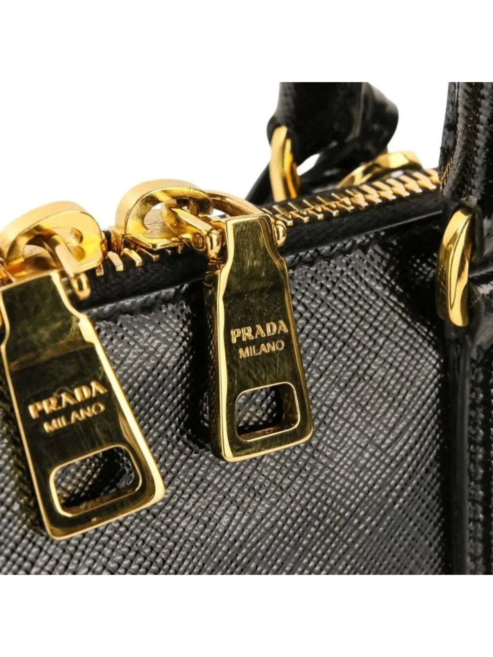 Prada Triangle Logo Leather Saffiano Vernis Clock 2-Way Shoulder Bag Black